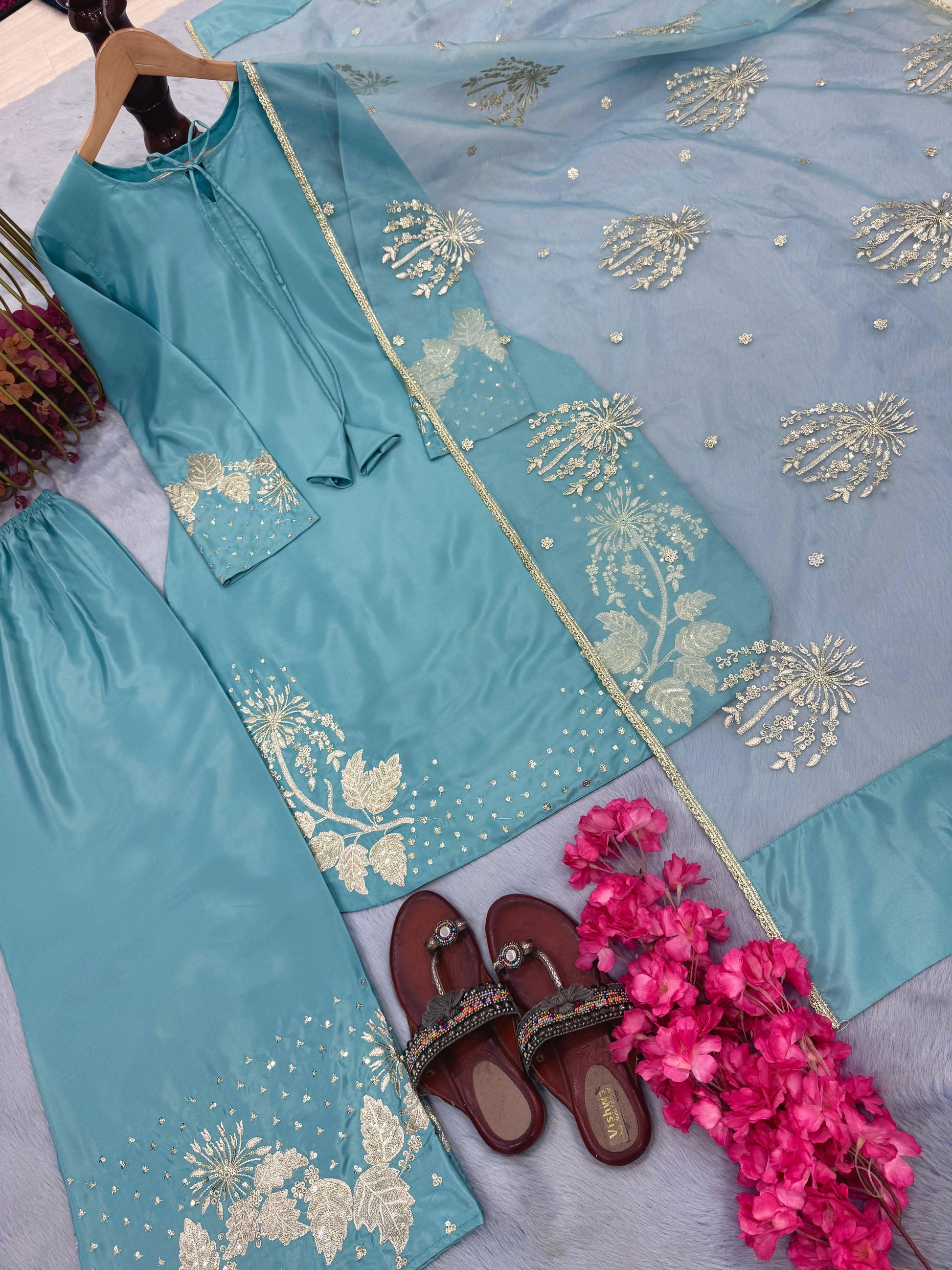 Pure natural crepe embroidered top with tassel detailing