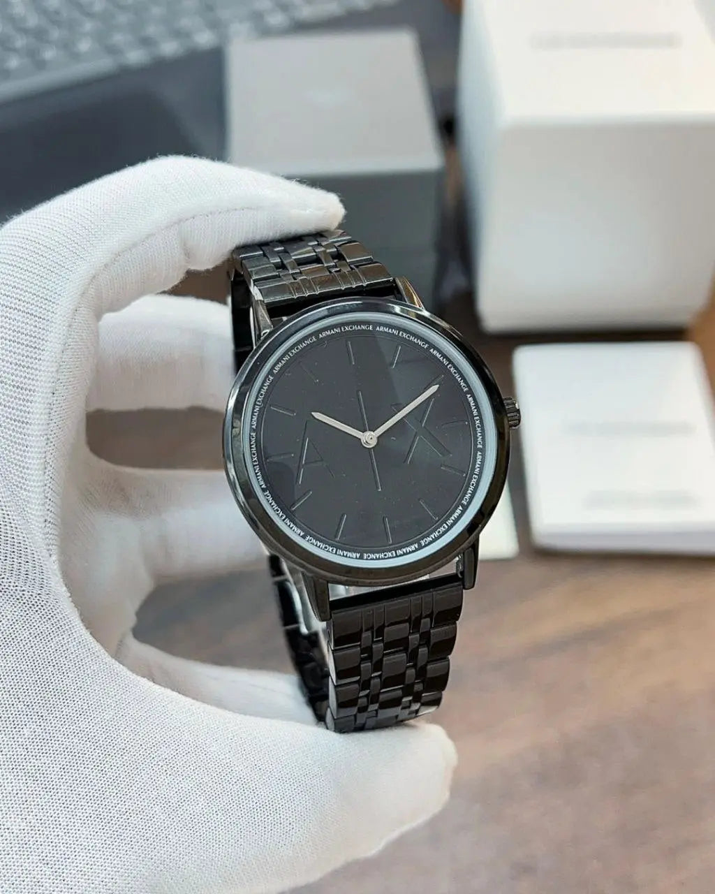 Close-up of quartz movement Armani watch