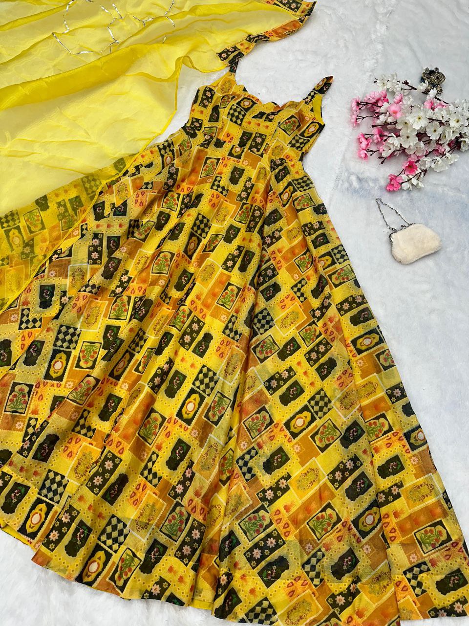Designer Anarkali Gown with Dupatta – Digital Printed Jimmy Organza Silk NextBuy