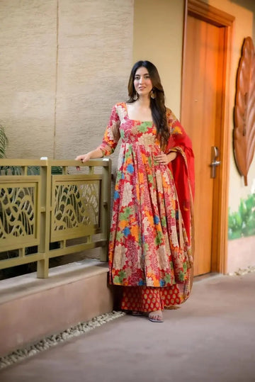 Red floral cotton suit set for women