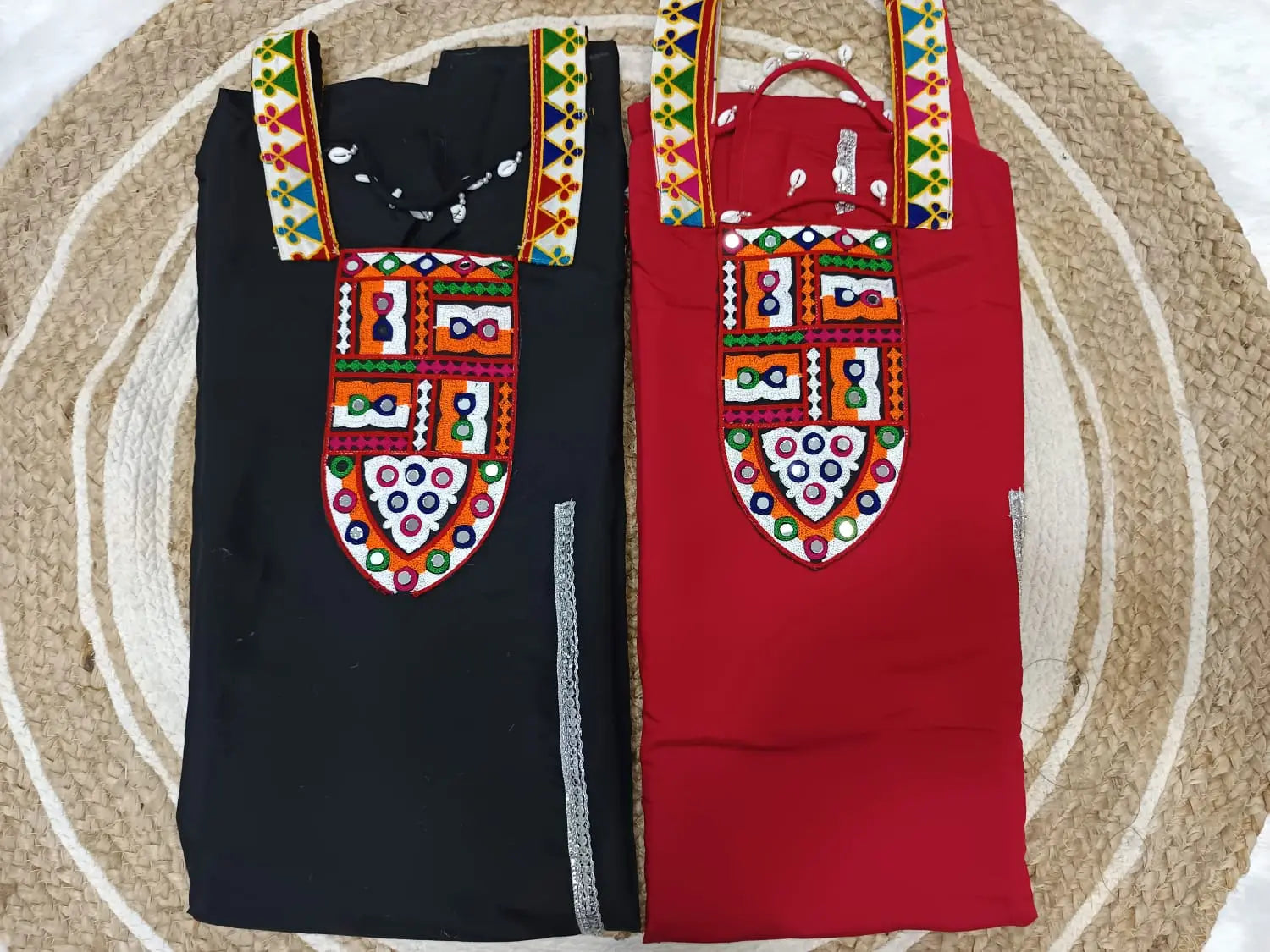 Side view of Roman silk dress with patch design