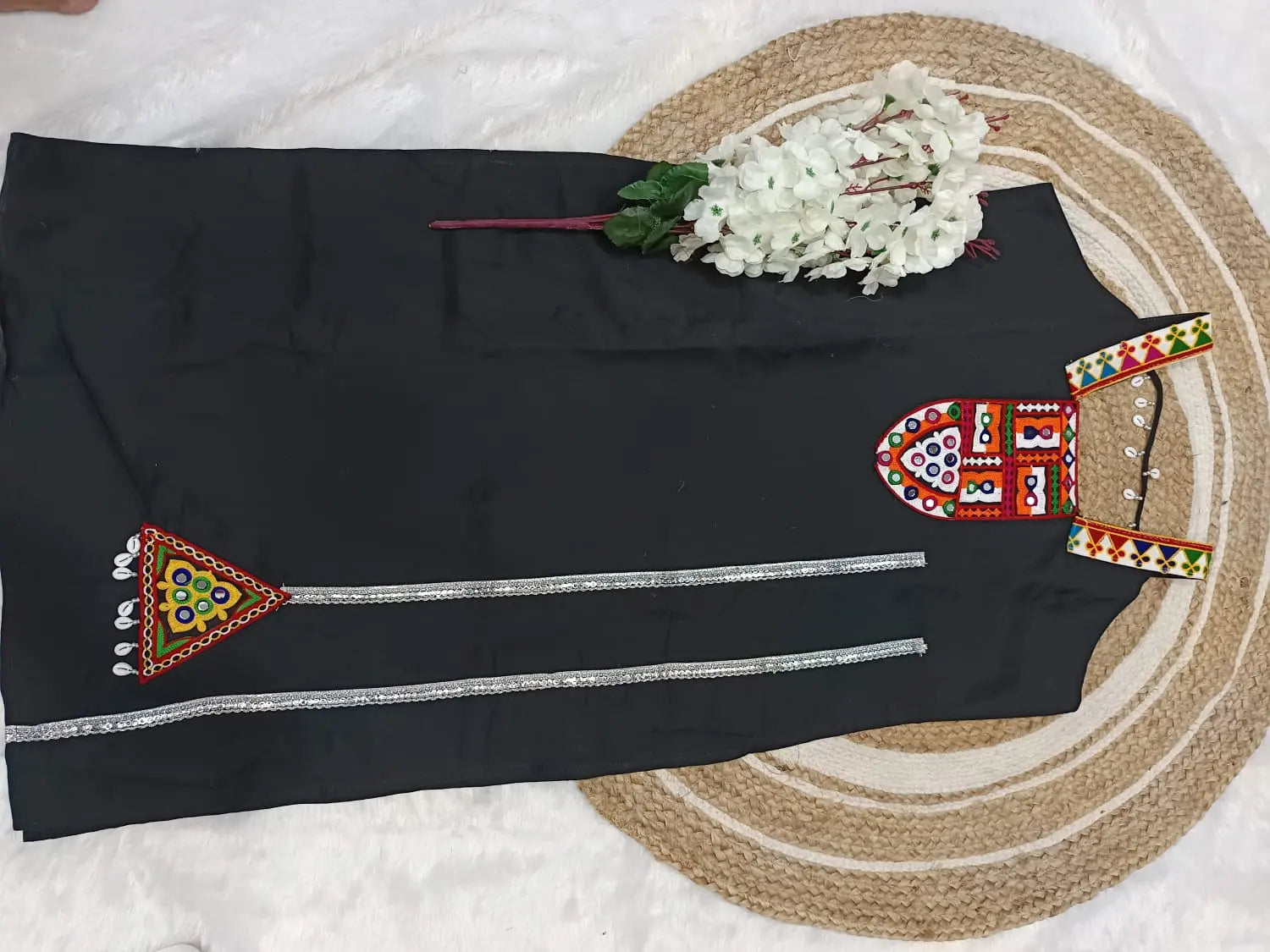 Model wearing Roman silk patch dress
