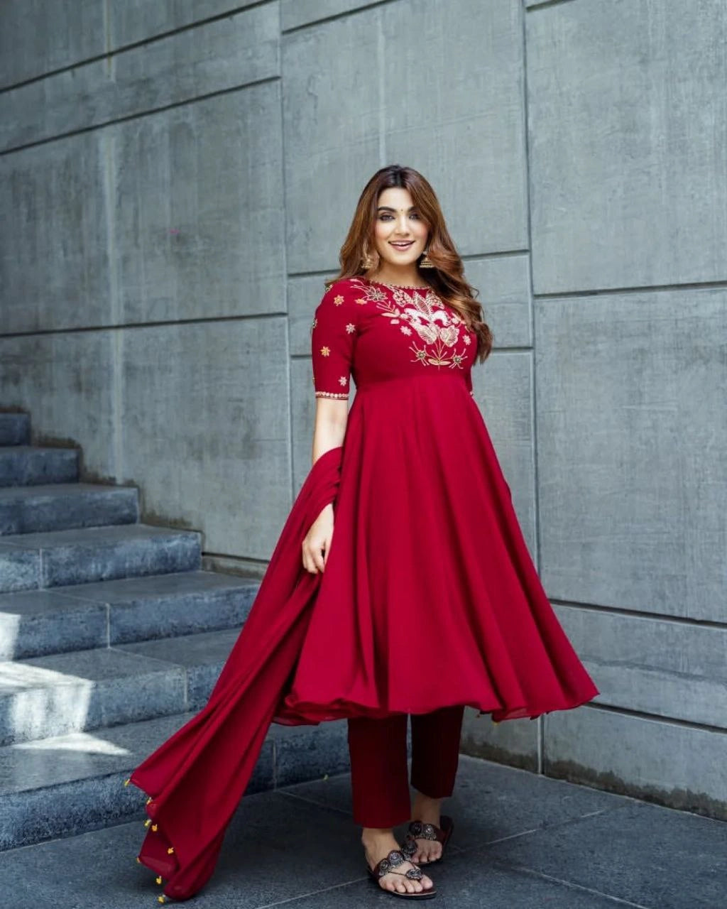 Roman silk gown with pant and dupatta set front view