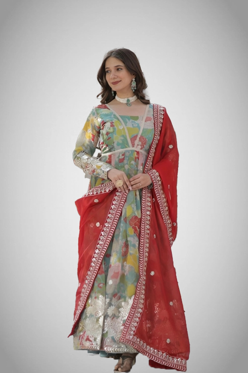 Russian silk gown with embroidery – front view