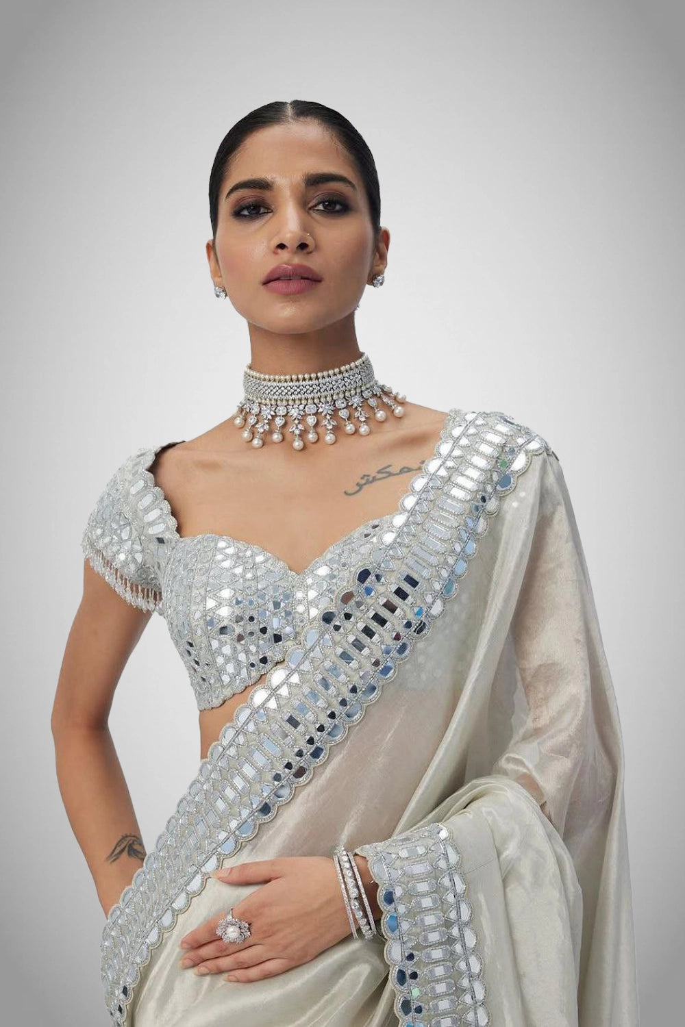 satin organza saree with mirror embroidery