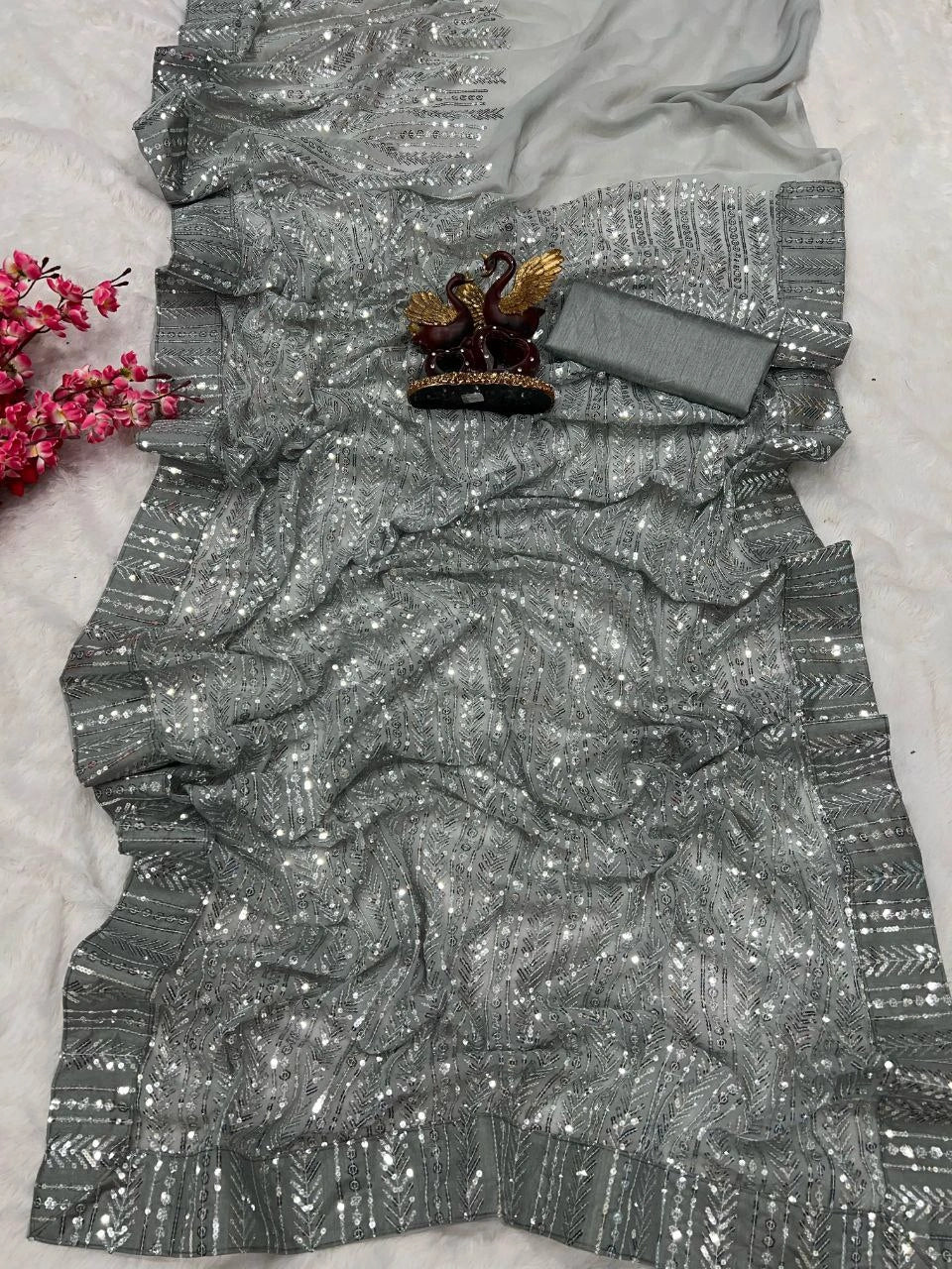Elegant festive wear silver saree