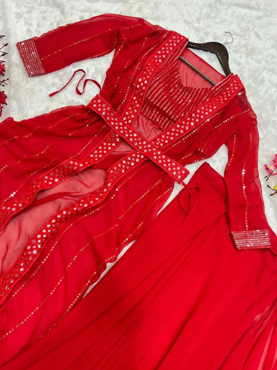 Festive shrug style saree with stitched blouse