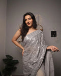 Silver sequin saree front view