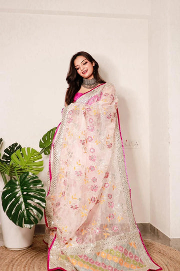 Soft organza saree with multi-border thread embroidery