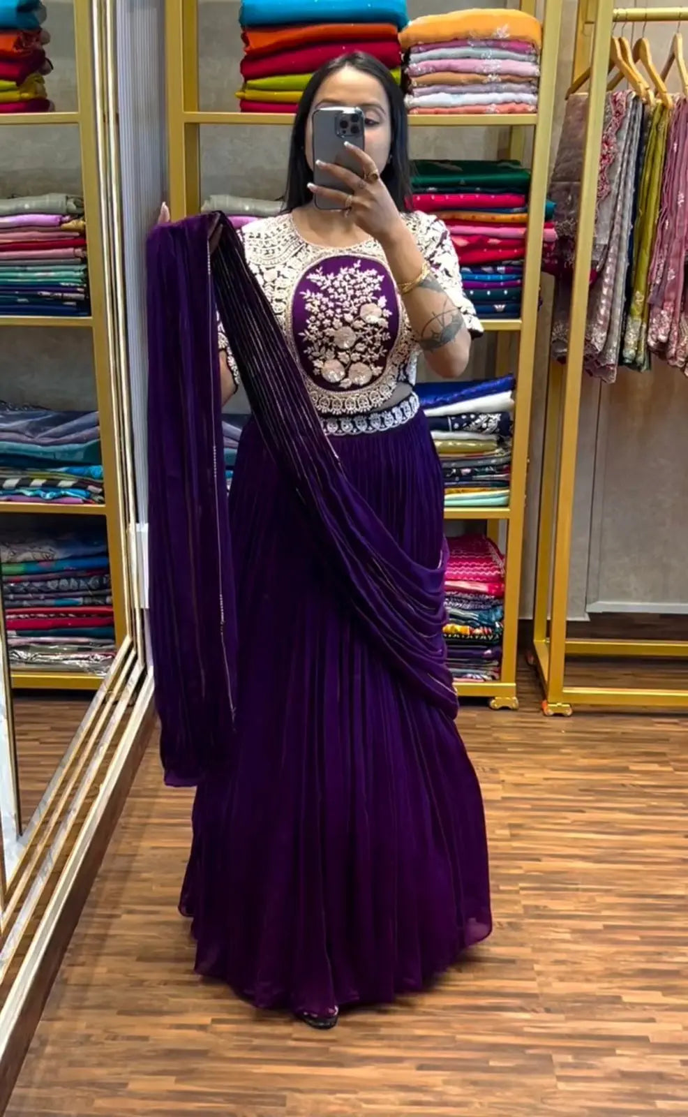 Embroidered sequence blouse with chinon lehenga saree