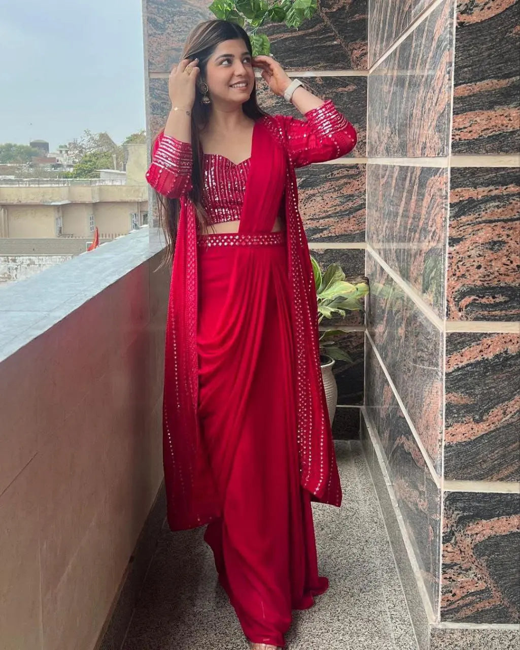 Party wear saree with ruffle sleeve shrug