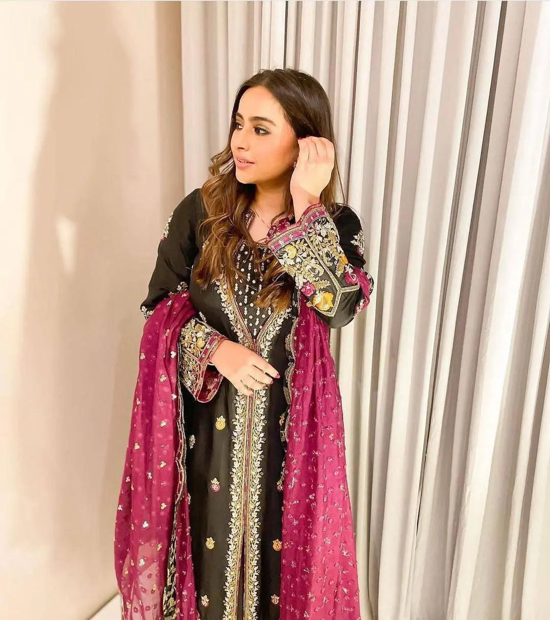 Velvet Suit Set with Stitched Top and Plazzo