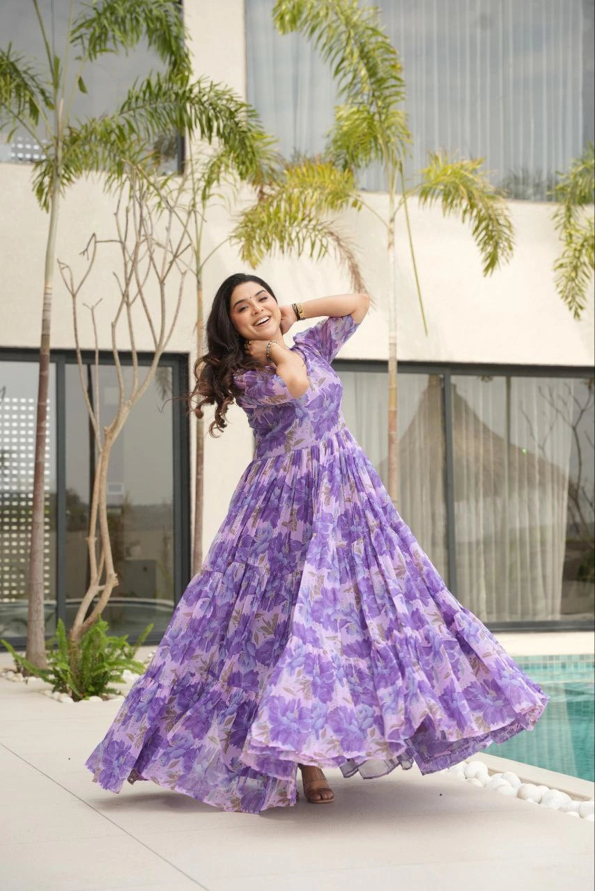 V-neck fully stitched printed gown for party