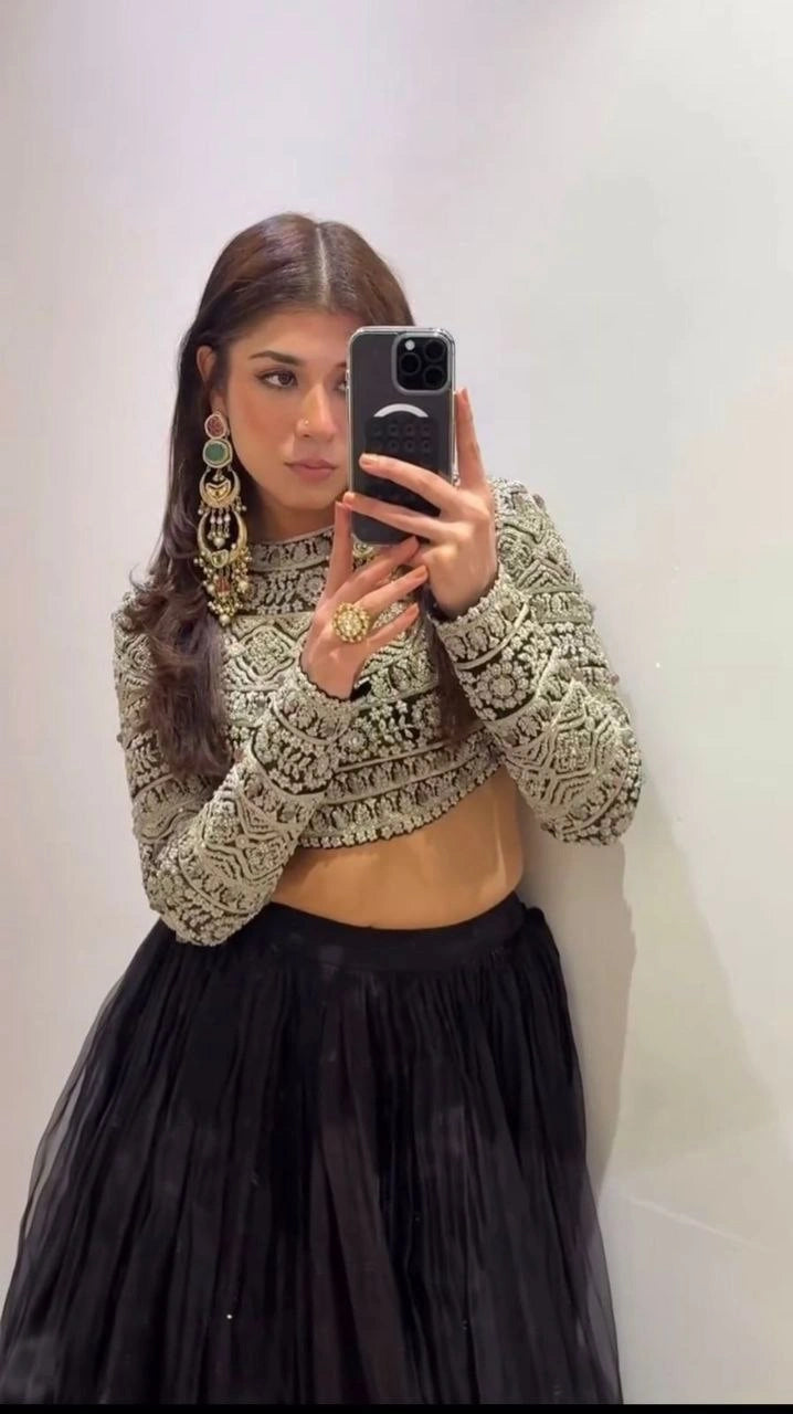 Tabby organza lehenga with sequin blouse front view