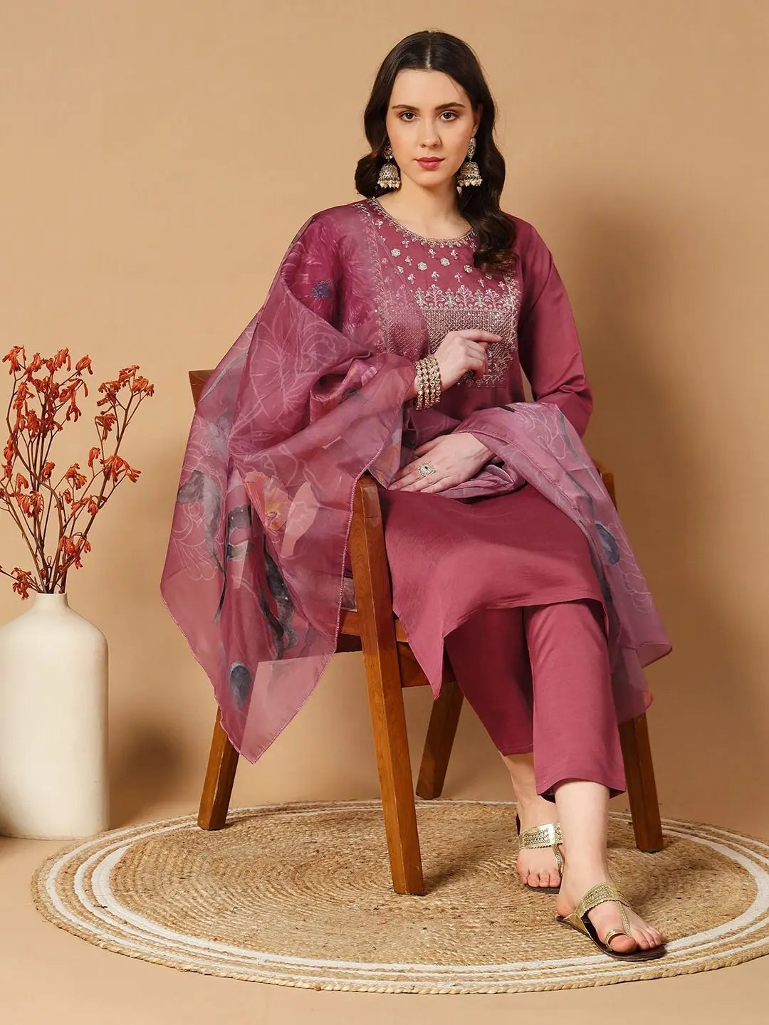 Ethnic Roman Silk Kurti with printed dupatta for women