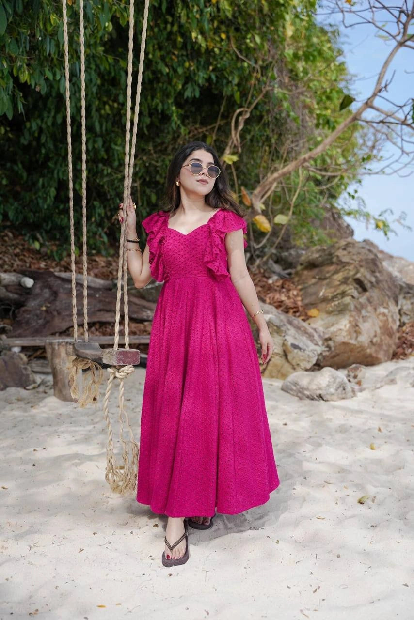 V neck pink Schiffli cotton dress for summer