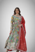 V-neck embroidered gown with digital print