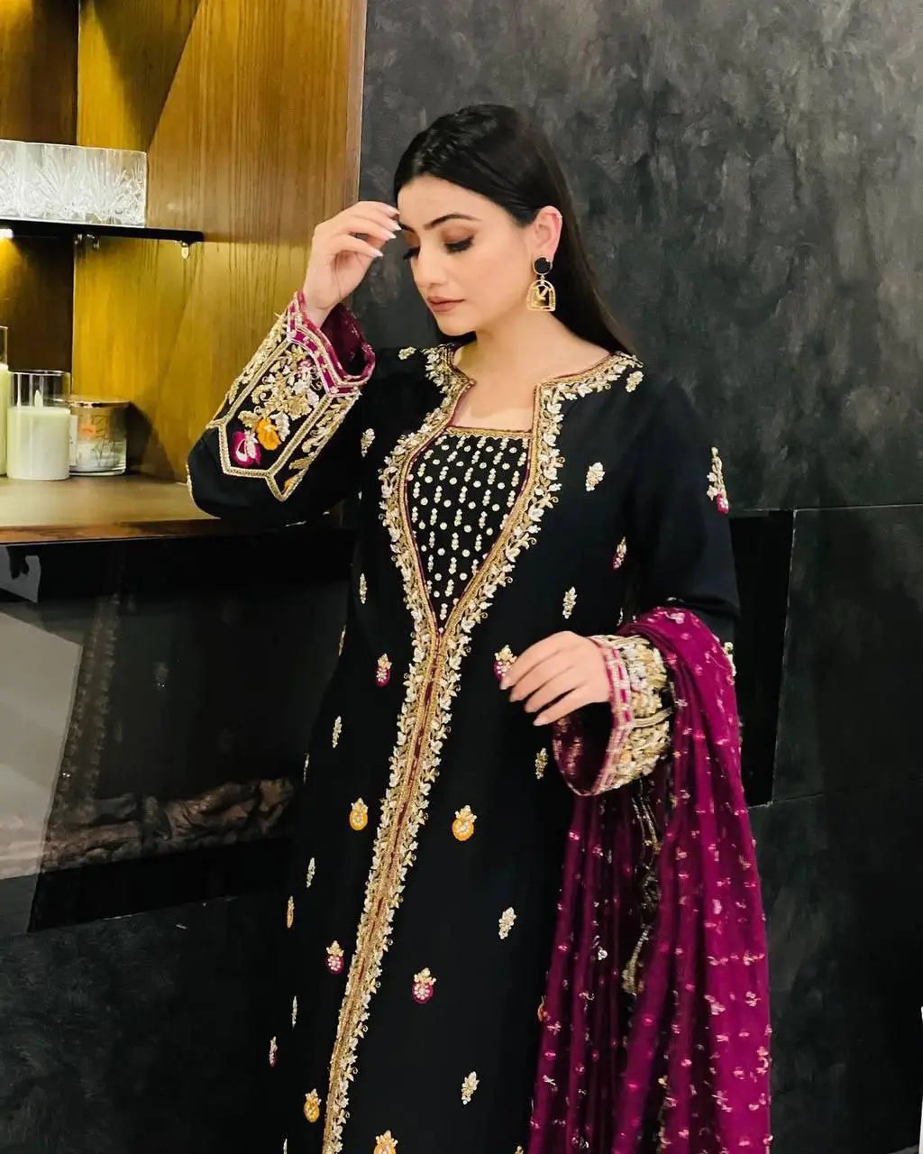 Velvet Sequin Embroidered Suit with Dupatta