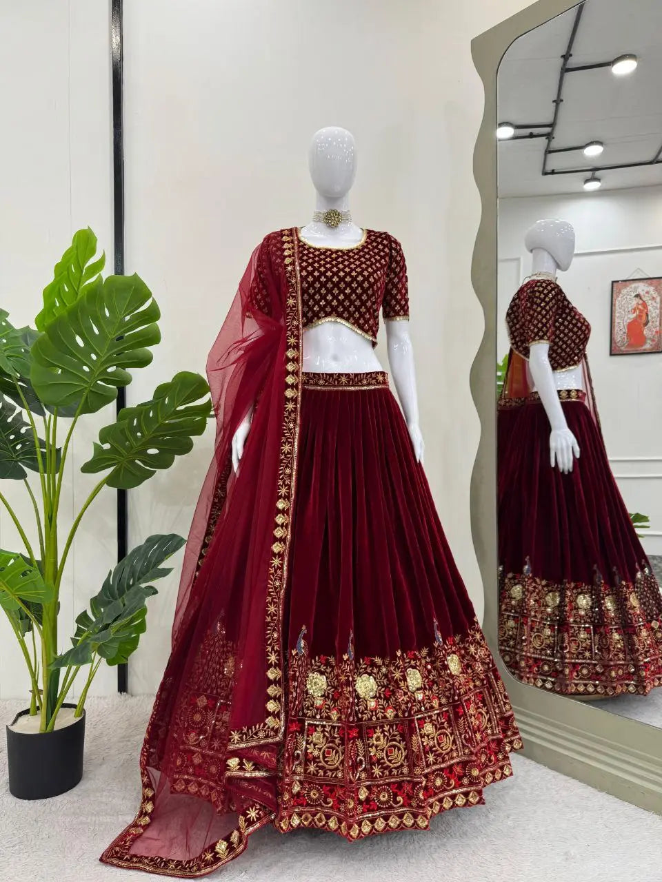 Viscose velvet lehenga with embroidery