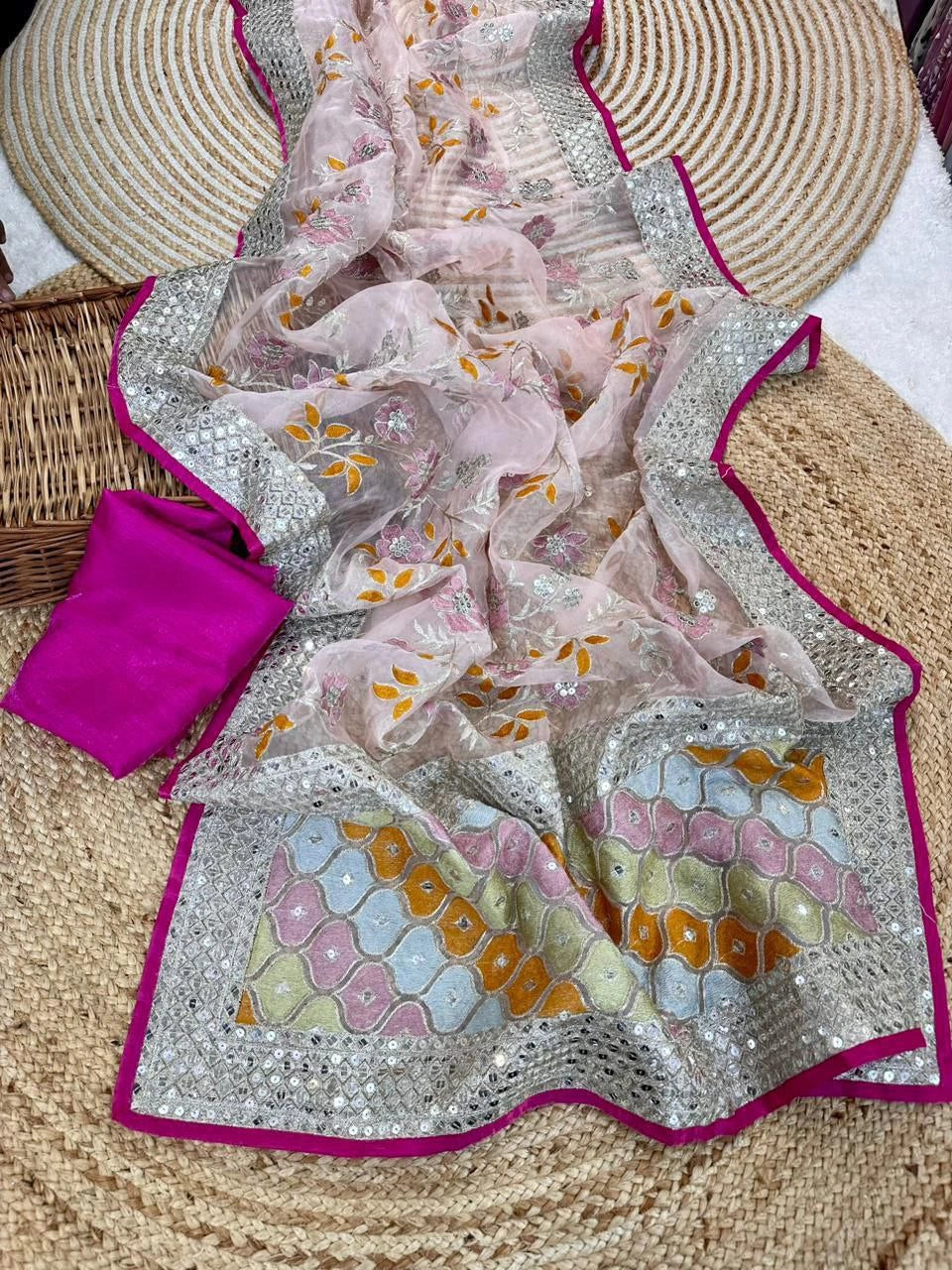 Organza silk saree with traditional styling