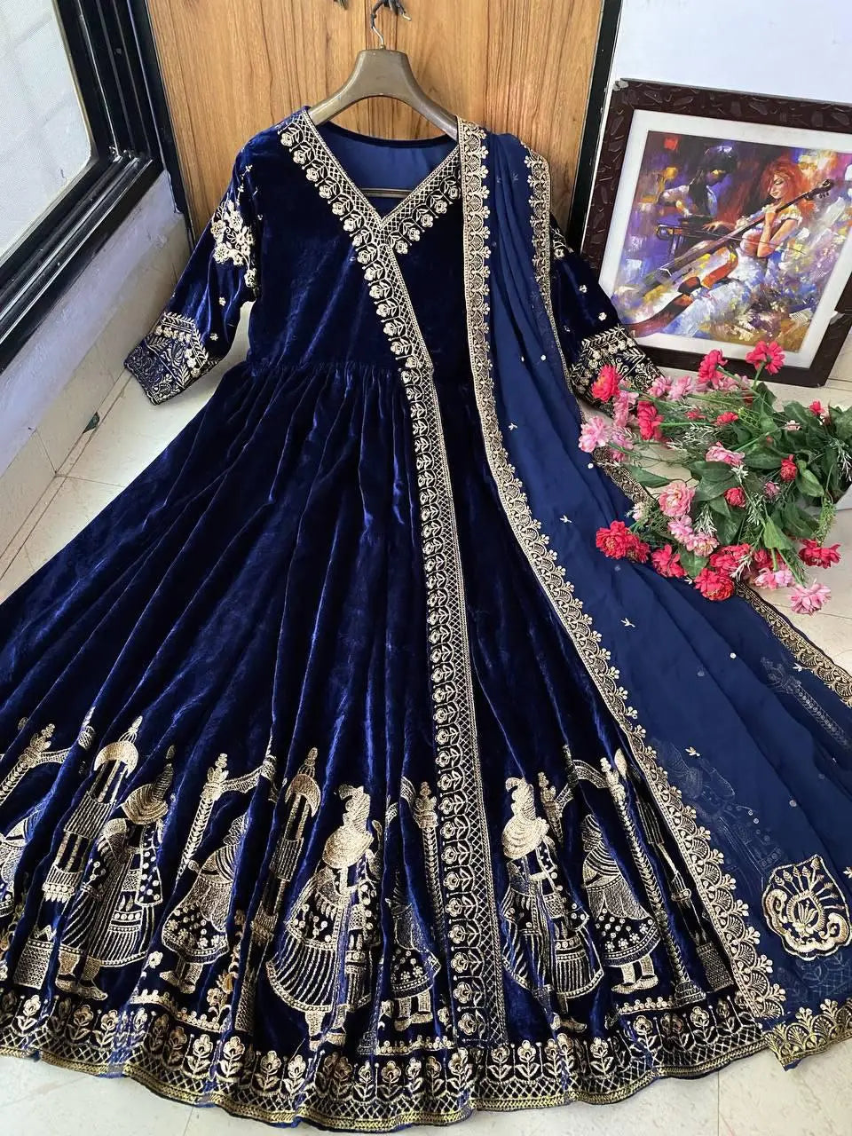 Traditional Anarkali gown displayed flat or on mannequin