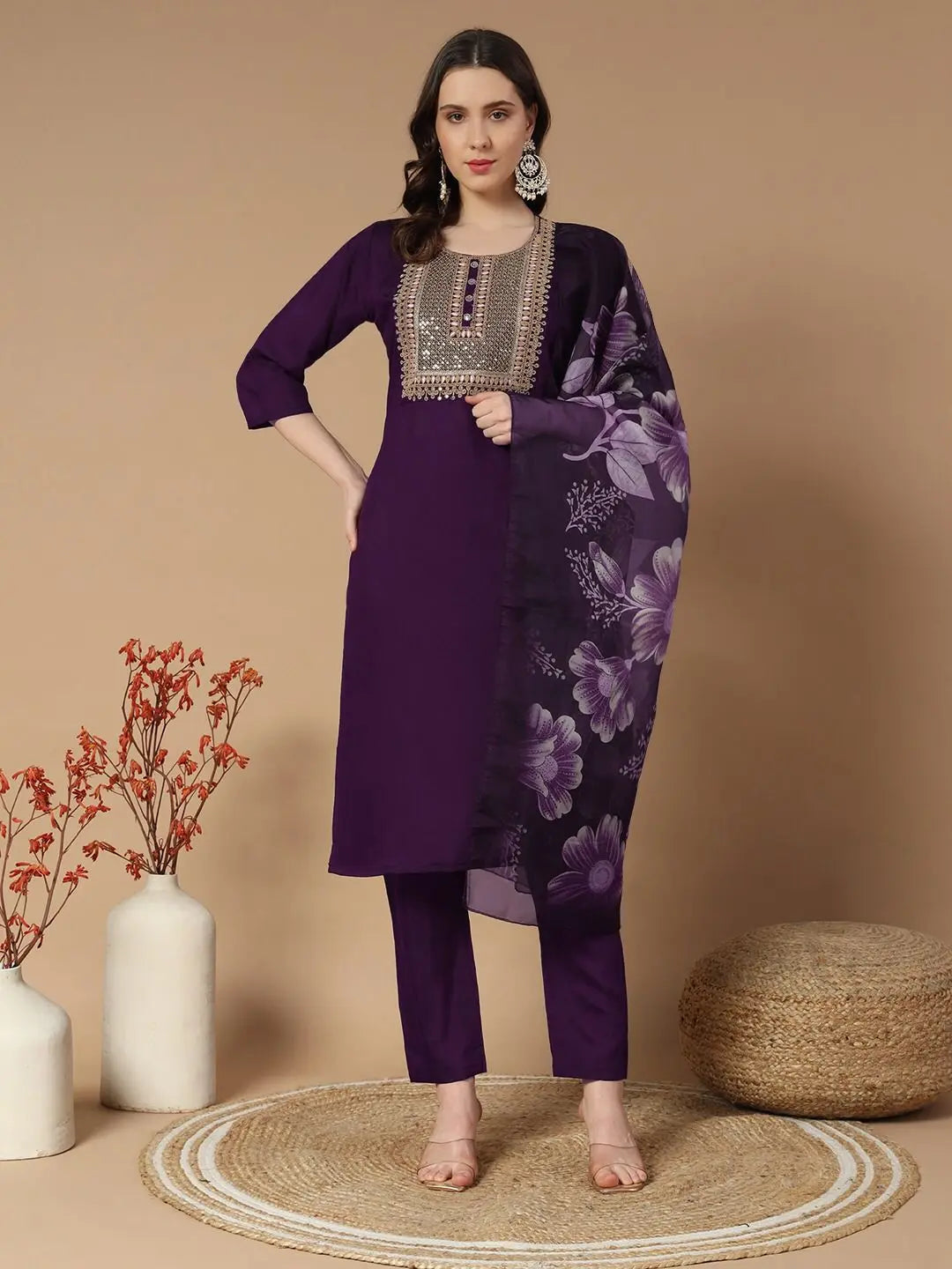 Party wear women’s Kurti Pant set in soft Roman Silk fabric