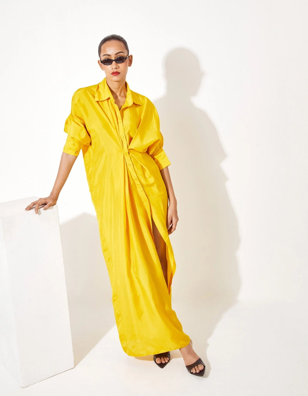 Yellow natural viscose silk twist front maxi dress for womenshop_this_look_AVdw3f